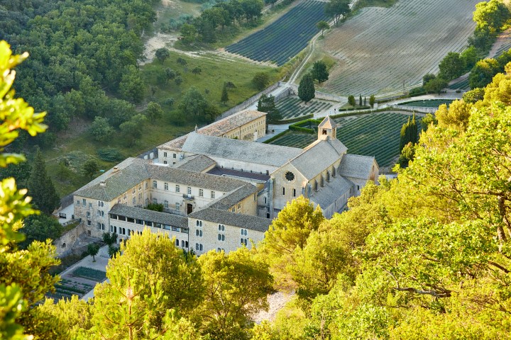 Abtei Senanque oder Abbaye Notre-Dame de Senanque mit Lavendelfeldern. Luftaufnahme