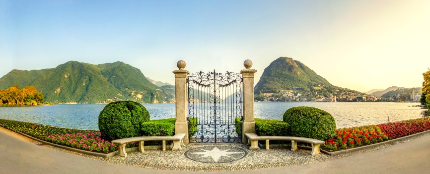 Lugano See mit Tor zum Park Ciani