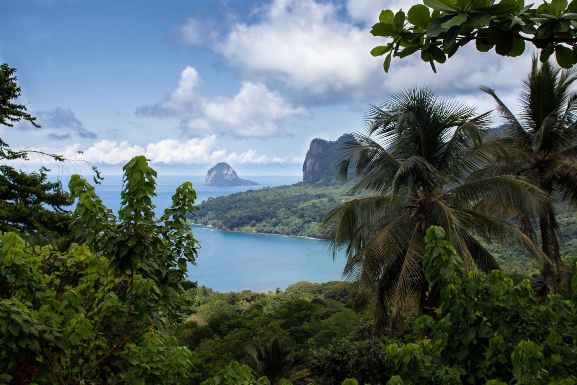 Príncipe_Landschaft einer Bucht im Wald einer Insel, mit Bäumen und blauem Wasser