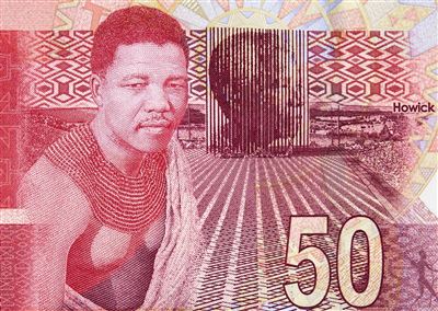 Banknote mit Nelson Mandela und Denkmal in Howick