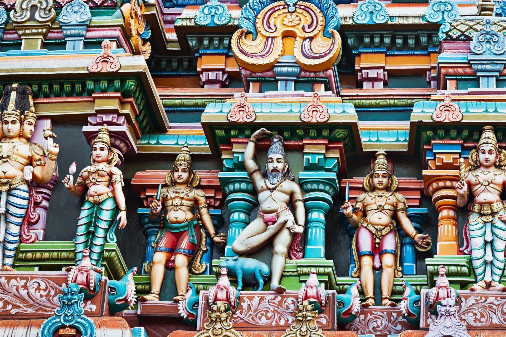Detailansicht von Außen des Minakshi-Tempel