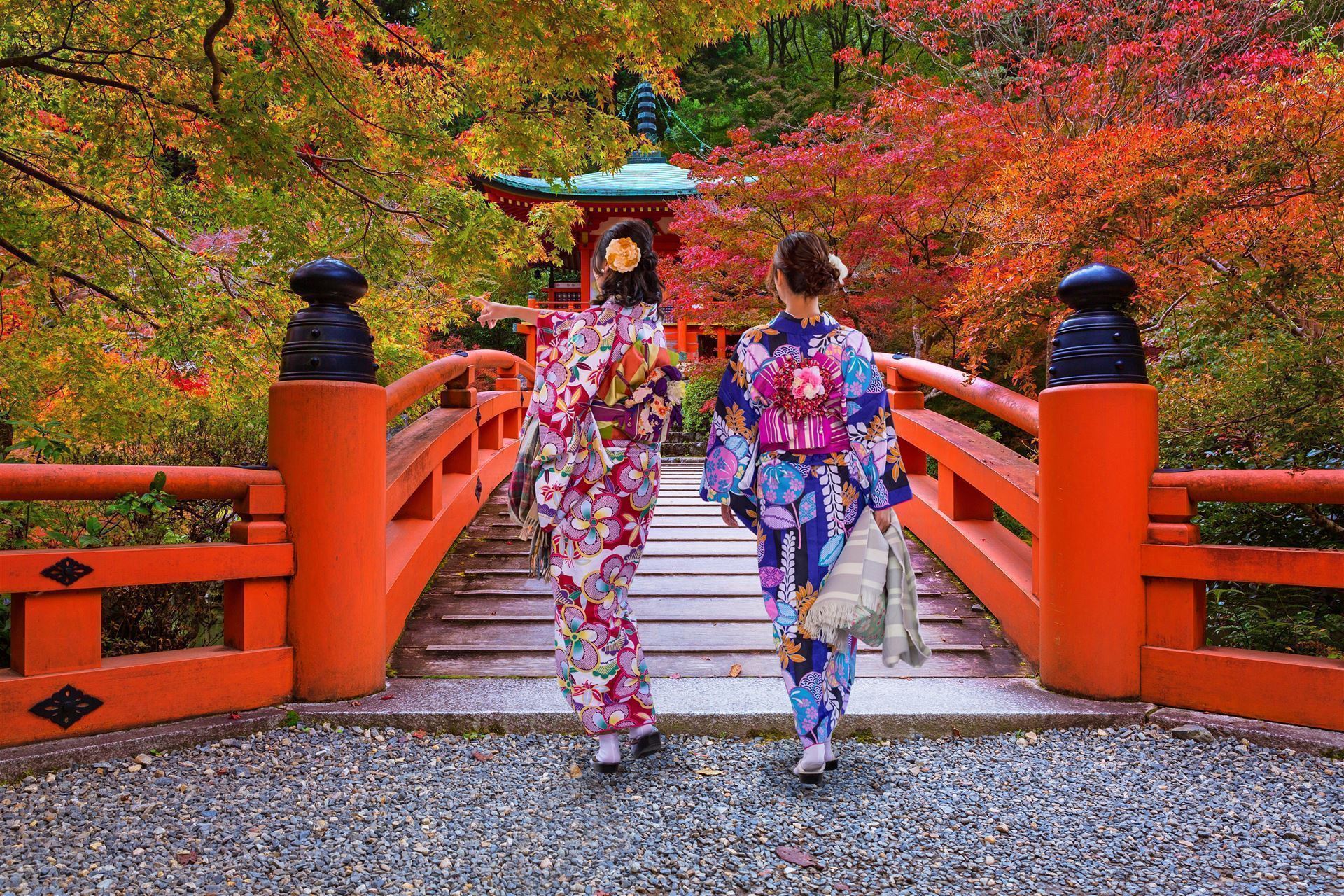 Frauen im Kimono im Herbst
