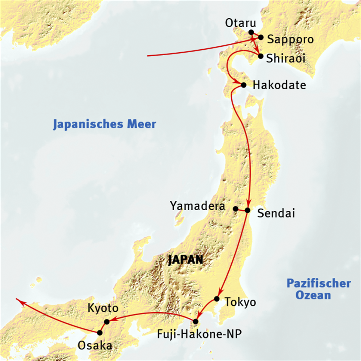 Karte von Japan mit Reiseverlauf und Städten wie Sapporo, Tokyo und Kyoto.