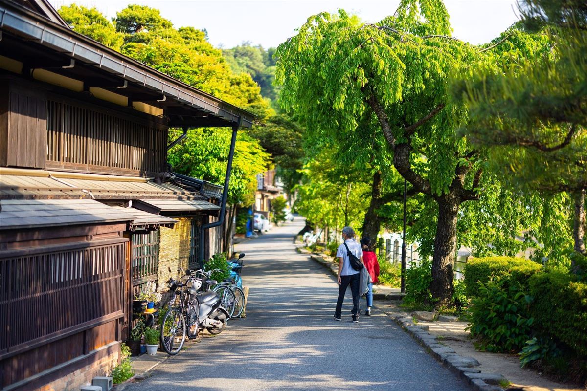 Historische Gasse mit Holzhäusern und Bäumen in Takayama, Japan