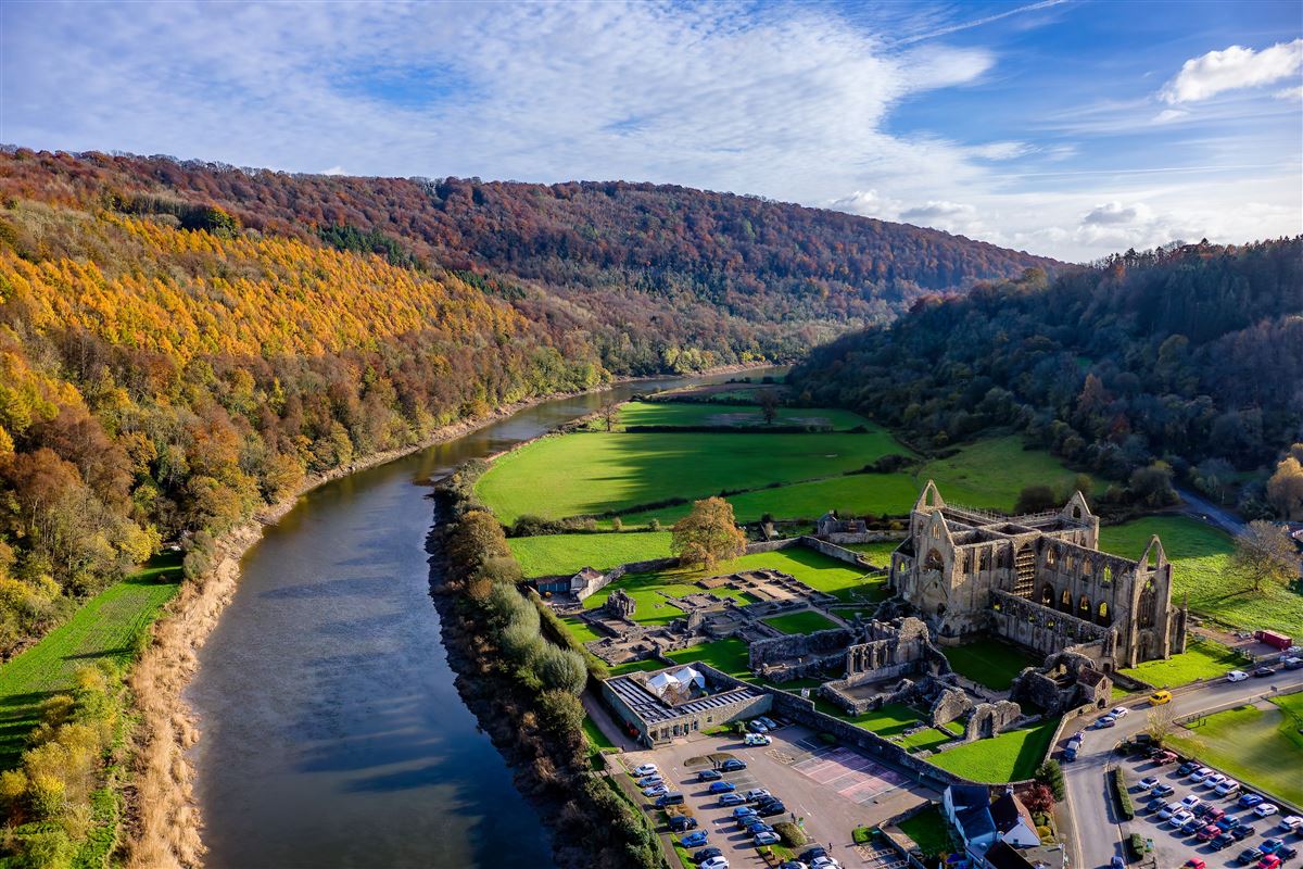 Luftaufnahme von bunten Herbstblättern und den Ruinen der Tintern Abbey in Wales